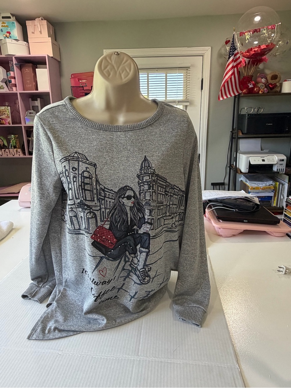 Women's Grey Graphic Pullover Sweater with Red Accent